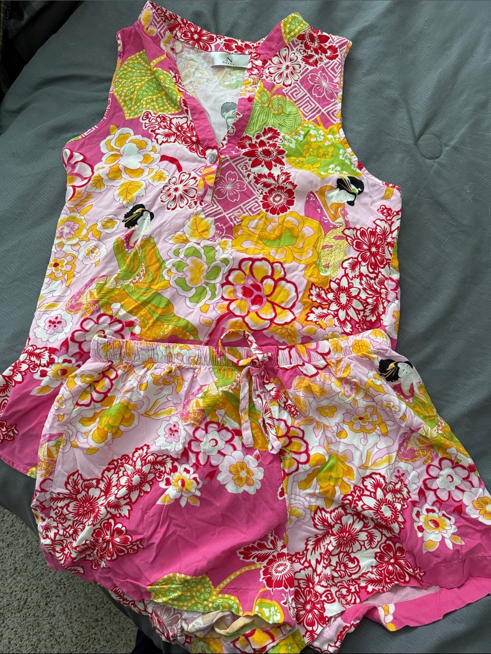 Natori 2-Piece Floral Geisha Print Pajama Set Shorts & Sleeveless Top